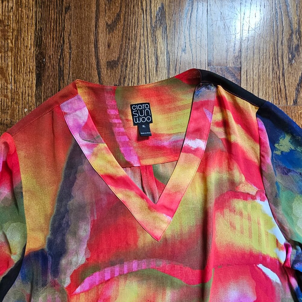 XL Clara Sun Woo Colorful V Neck Tunic 3/4 Sleeve